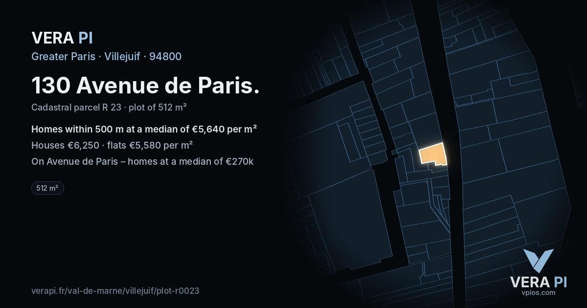 130 Avenue de Paris, Villejuif at night – the plot lit, the parcels around coloured by the prices near them