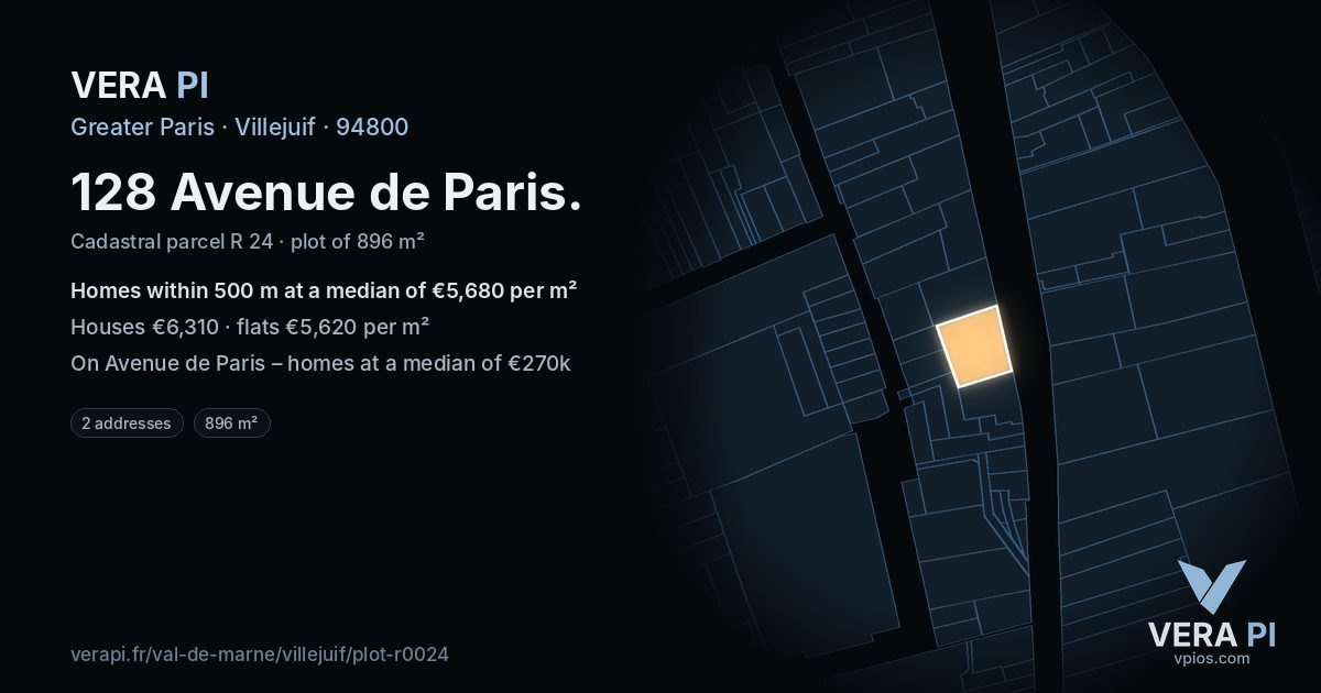 128 Avenue de Paris, Villejuif at night – the plot lit, the parcels around coloured by the prices near them