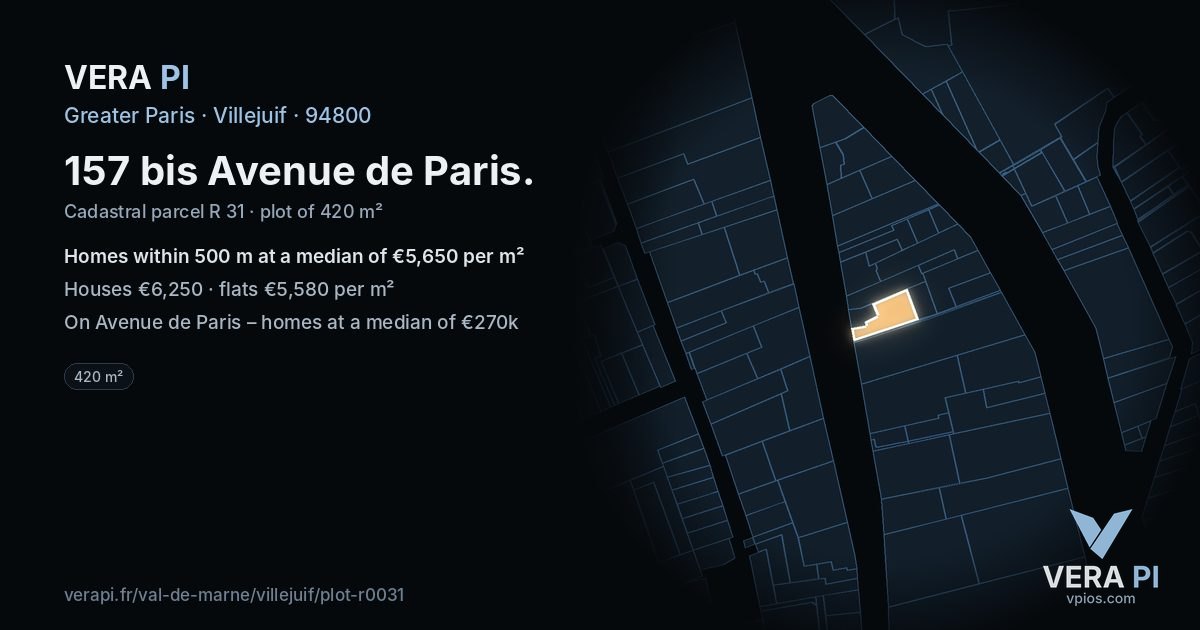 157 bis Avenue de Paris, Villejuif at night – the plot lit, the parcels around coloured by the prices near them