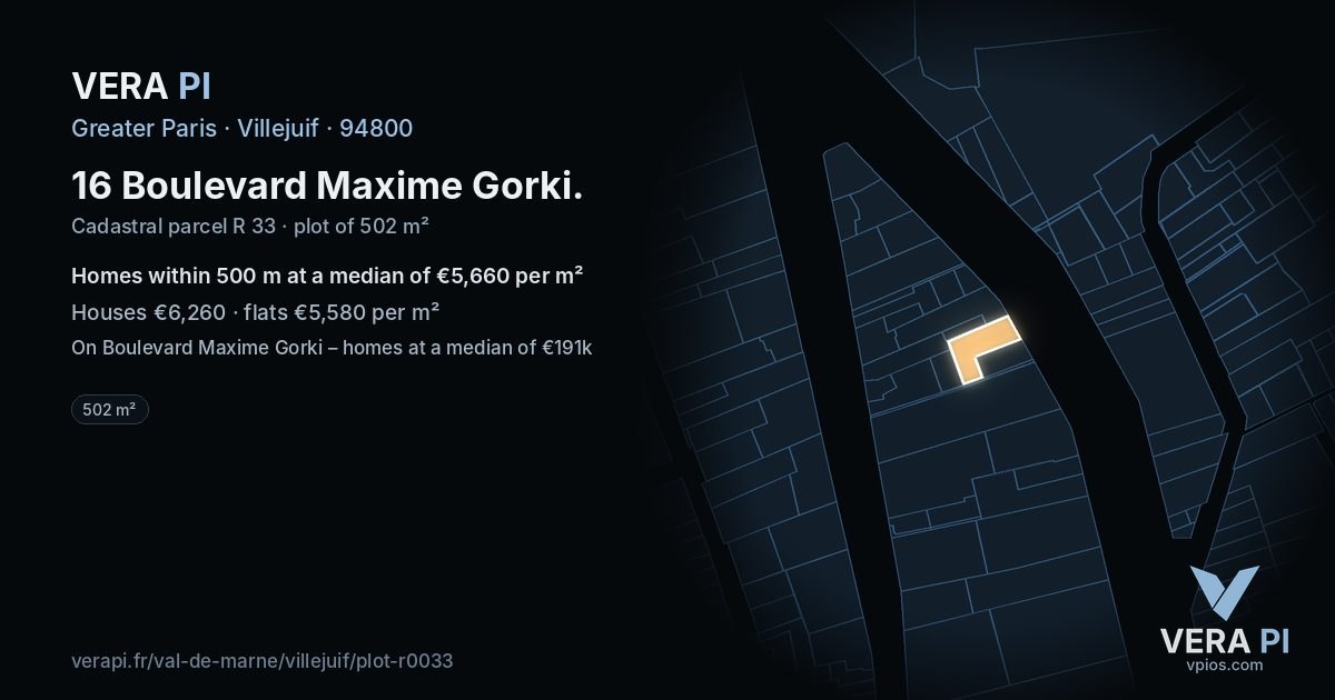 16 Boulevard Maxime Gorki, Villejuif at night – the plot lit, the parcels around coloured by the prices near them