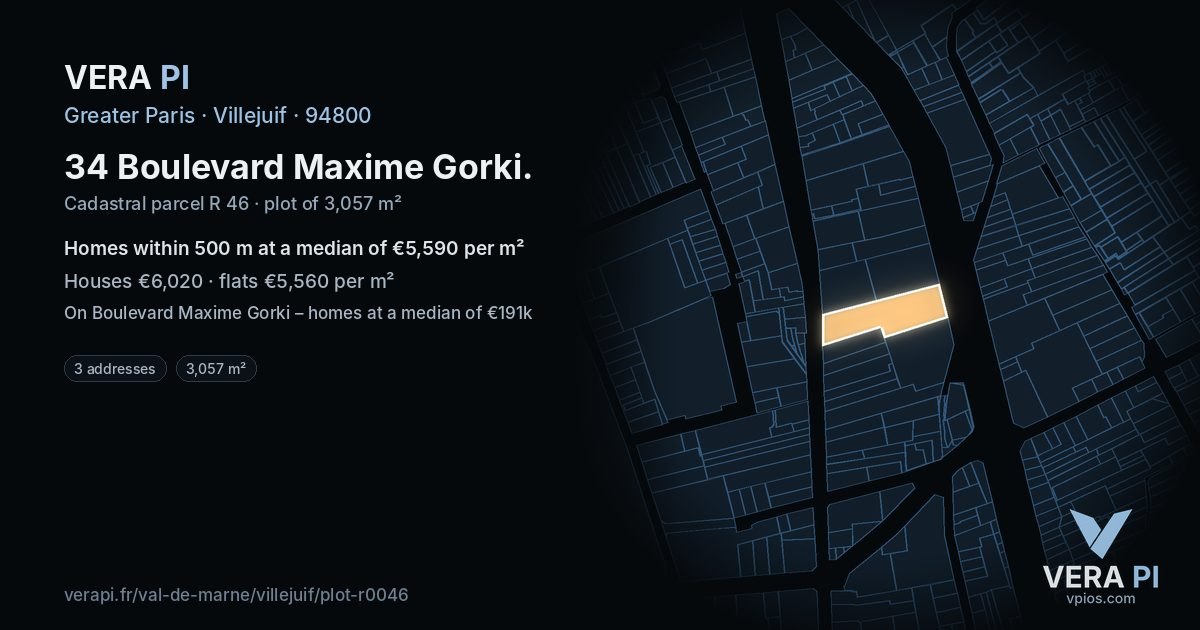 34 Boulevard Maxime Gorki, Villejuif at night – the plot lit, the parcels around coloured by the prices near them