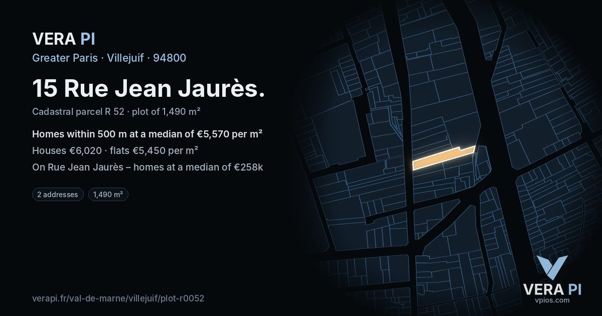 15 Rue Jean Jaurès, Villejuif at night – the plot lit, the parcels around coloured by the prices near them
