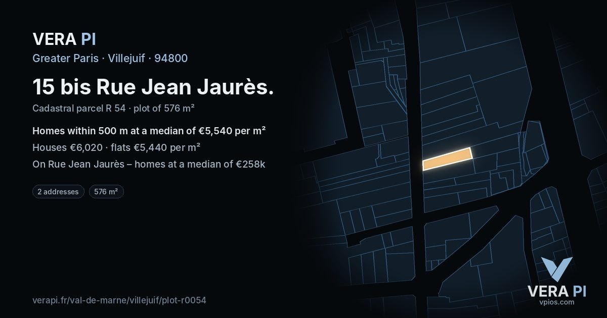 15 bis Rue Jean Jaurès, Villejuif at night – the plot lit, the parcels around coloured by the prices near them