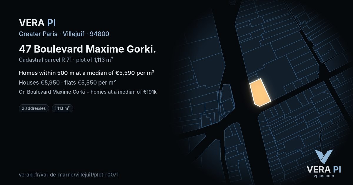 47 Boulevard Maxime Gorki, Villejuif at night – the plot lit, the parcels around coloured by the prices near them