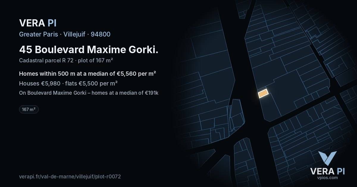 45 Boulevard Maxime Gorki, Villejuif at night – the plot lit, the parcels around coloured by the prices near them