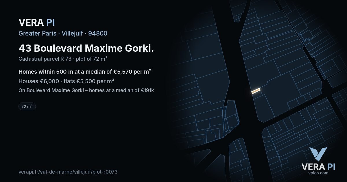 43 Boulevard Maxime Gorki, Villejuif at night – the plot lit, the parcels around coloured by the prices near them