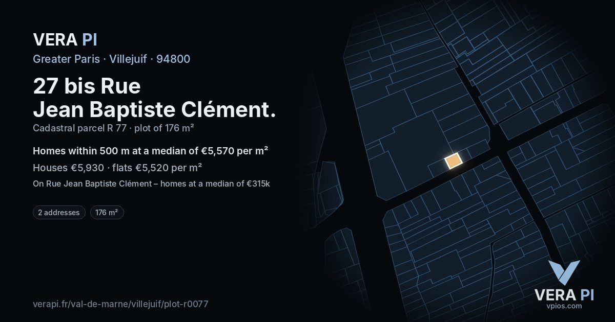 27 bis Rue Jean Baptiste Clément, Villejuif at night – the plot lit, the parcels around coloured by the prices near them