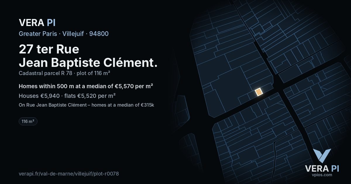 27 ter Rue Jean Baptiste Clément, Villejuif at night – the plot lit, the parcels around coloured by the prices near them