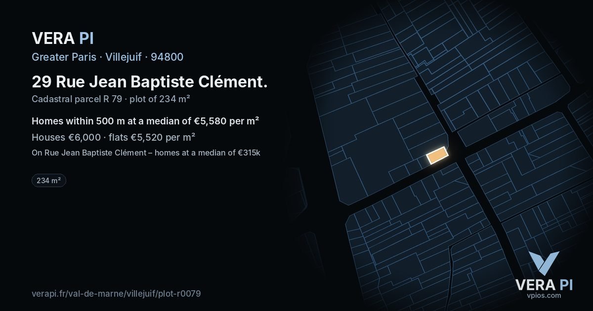 29 Rue Jean Baptiste Clément, Villejuif at night – the plot lit, the parcels around coloured by the prices near them