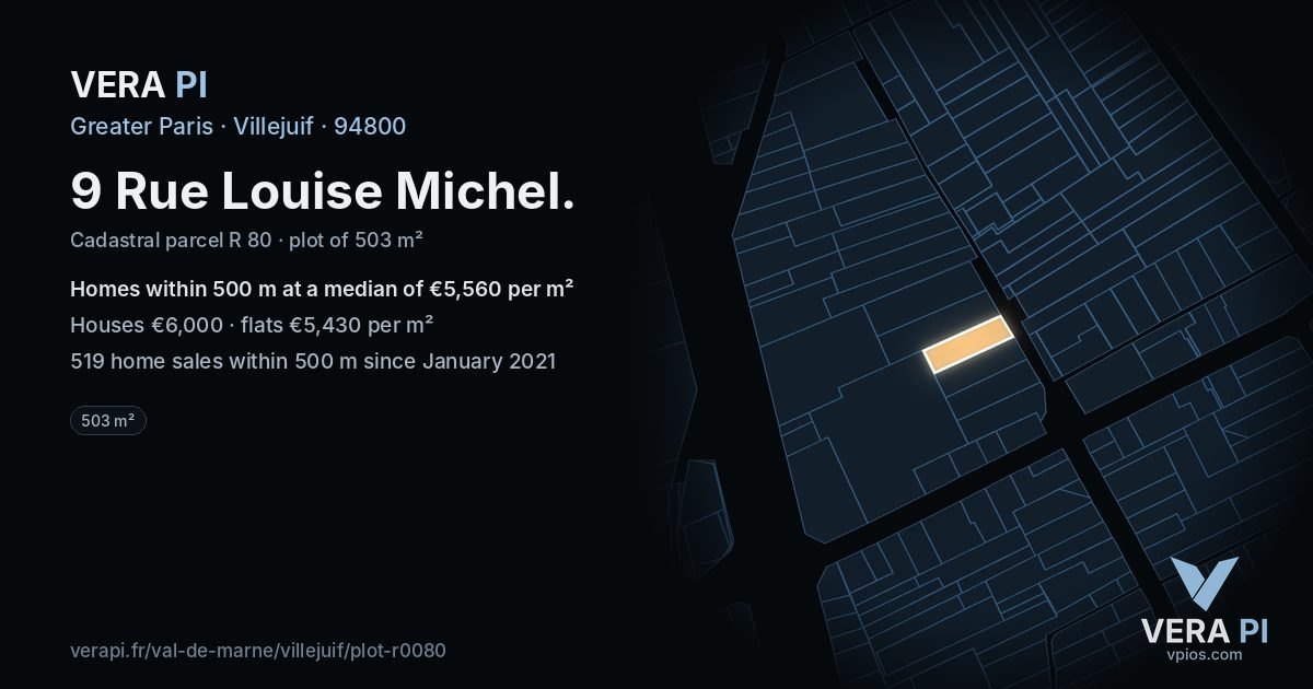 9 Rue Louise Michel, Villejuif at night – the plot lit, the parcels around coloured by the prices near them