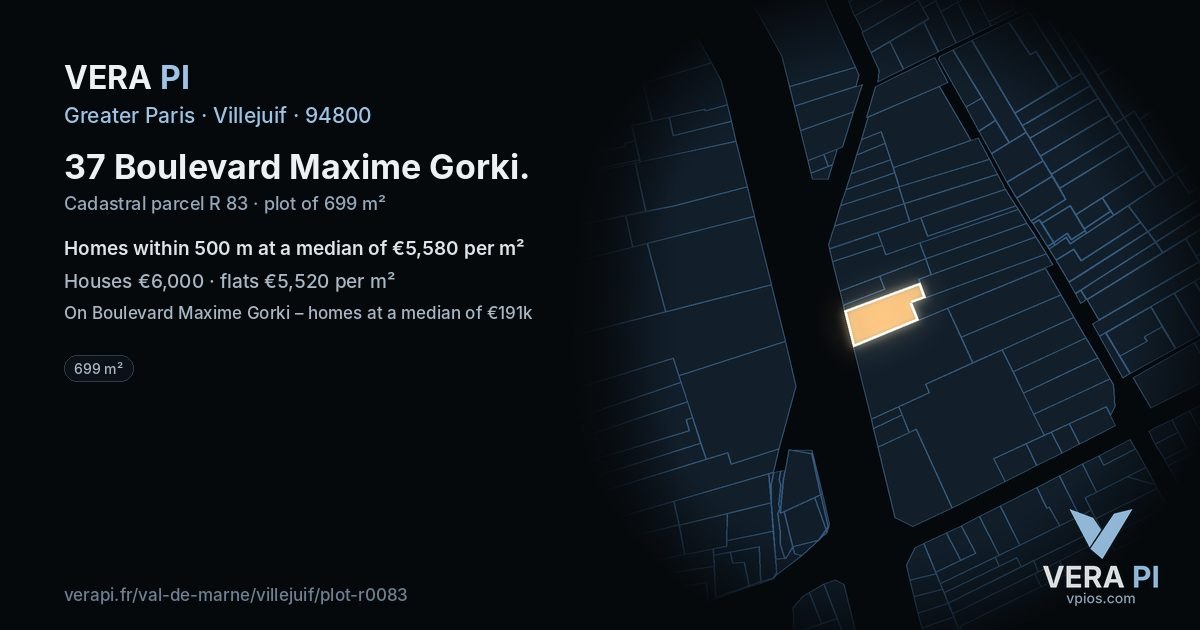 37 Boulevard Maxime Gorki, Villejuif at night – the plot lit, the parcels around coloured by the prices near them