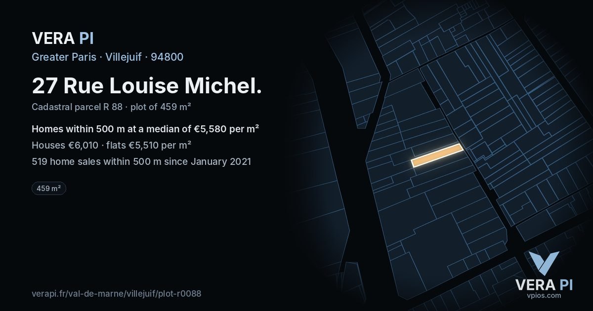 27 Rue Louise Michel, Villejuif at night – the plot lit, the parcels around coloured by the prices near them