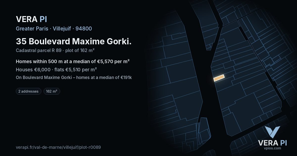 35 Boulevard Maxime Gorki, Villejuif at night – the plot lit, the parcels around coloured by the prices near them