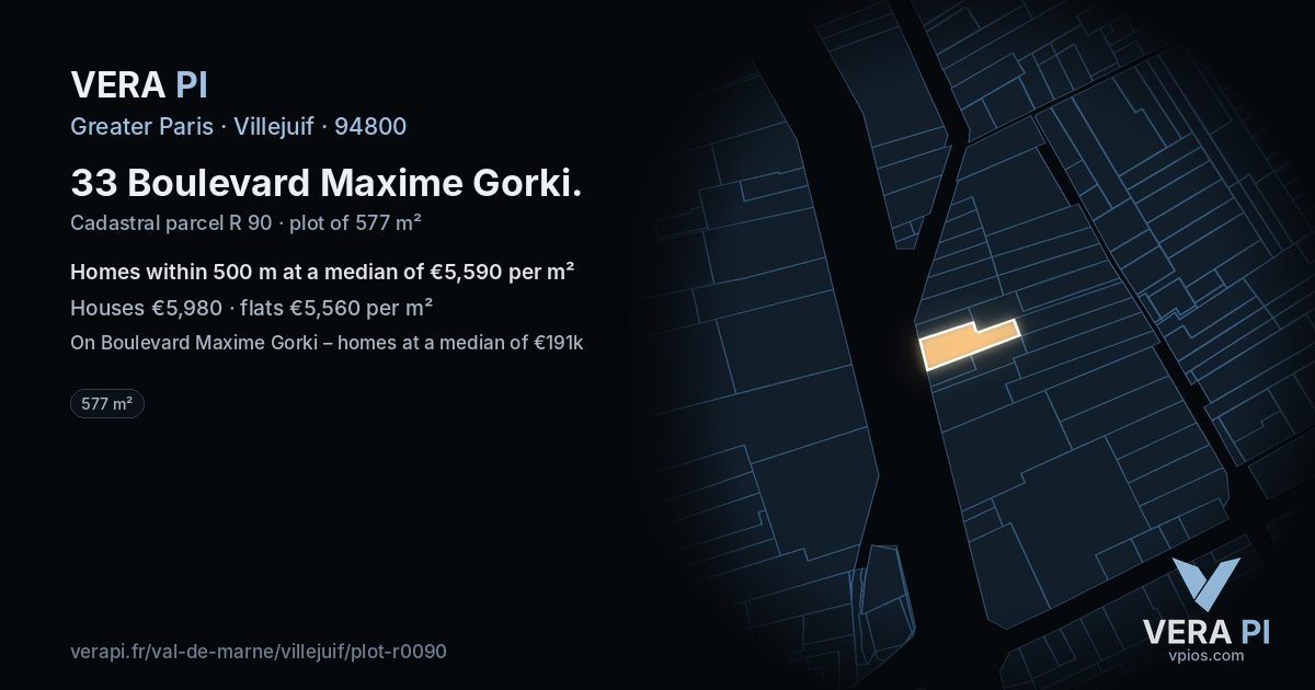 33 Boulevard Maxime Gorki, Villejuif at night – the plot lit, the parcels around coloured by the prices near them