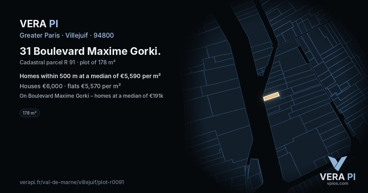 31 Boulevard Maxime Gorki, Villejuif at night – the plot lit, the parcels around coloured by the prices near them