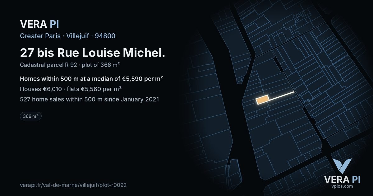 27 bis Rue Louise Michel, Villejuif at night – the plot lit, the parcels around coloured by the prices near them