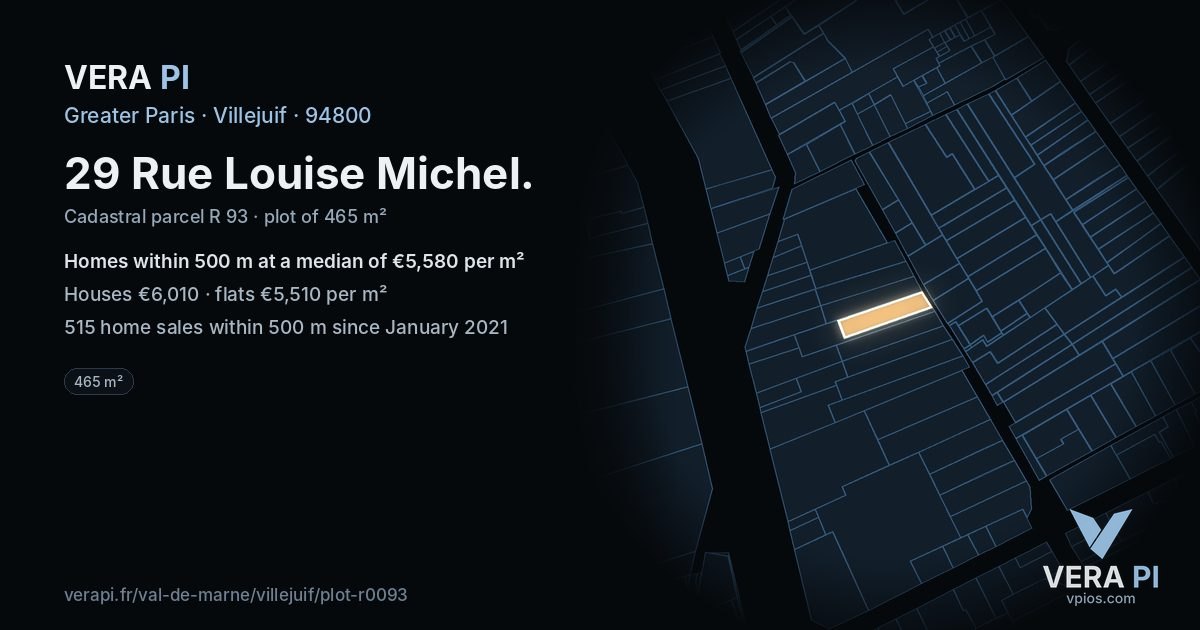 29 Rue Louise Michel, Villejuif at night – the plot lit, the parcels around coloured by the prices near them