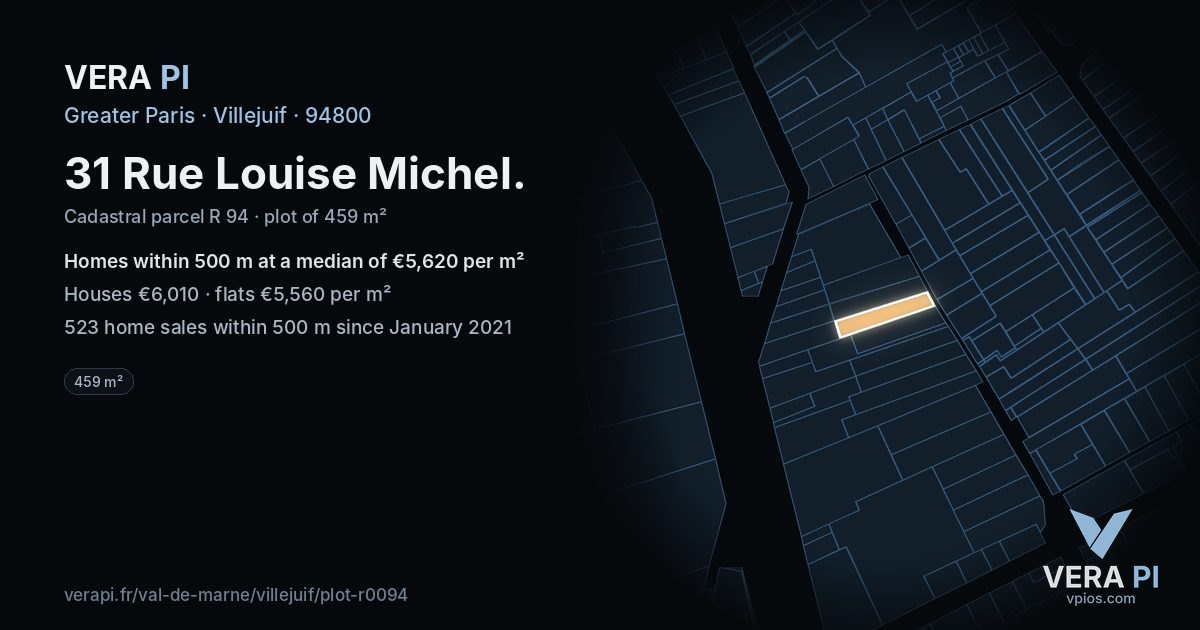 31 Rue Louise Michel, Villejuif at night – the plot lit, the parcels around coloured by the prices near them