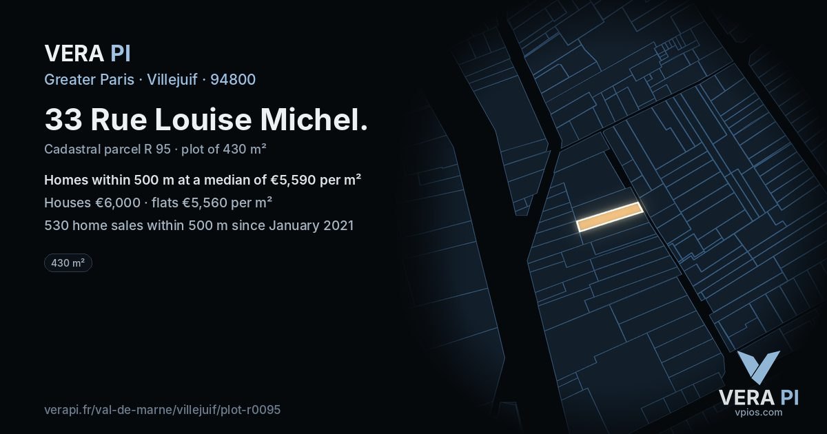 33 Rue Louise Michel, Villejuif at night – the plot lit, the parcels around coloured by the prices near them