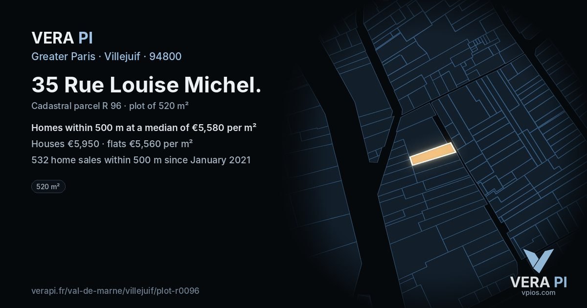 35 Rue Louise Michel, Villejuif at night – the plot lit, the parcels around coloured by the prices near them