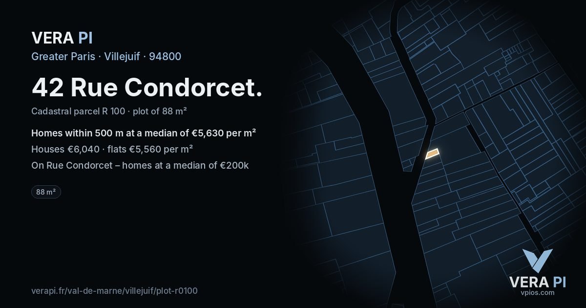 42 Rue Condorcet, Villejuif at night – the plot lit, the parcels around coloured by the prices near them