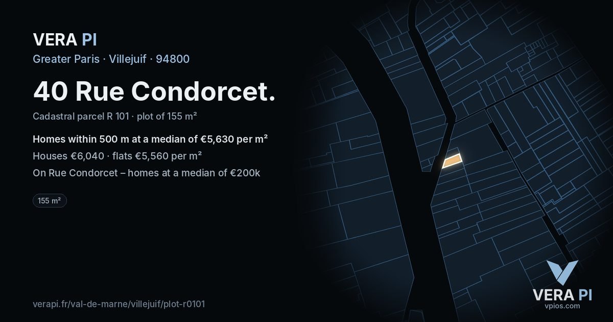 40 Rue Condorcet, Villejuif at night – the plot lit, the parcels around coloured by the prices near them
