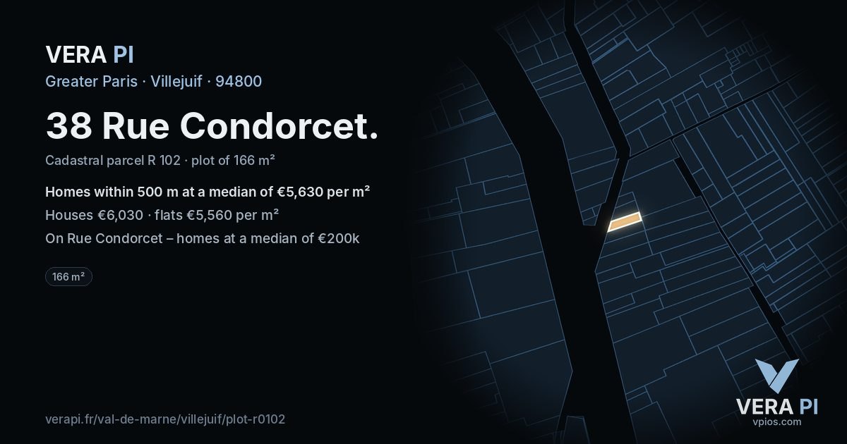 38 Rue Condorcet, Villejuif at night – the plot lit, the parcels around coloured by the prices near them