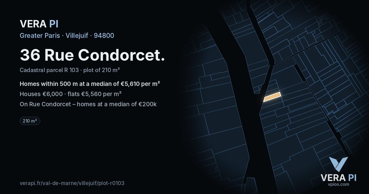 36 Rue Condorcet, Villejuif at night – the plot lit, the parcels around coloured by the prices near them