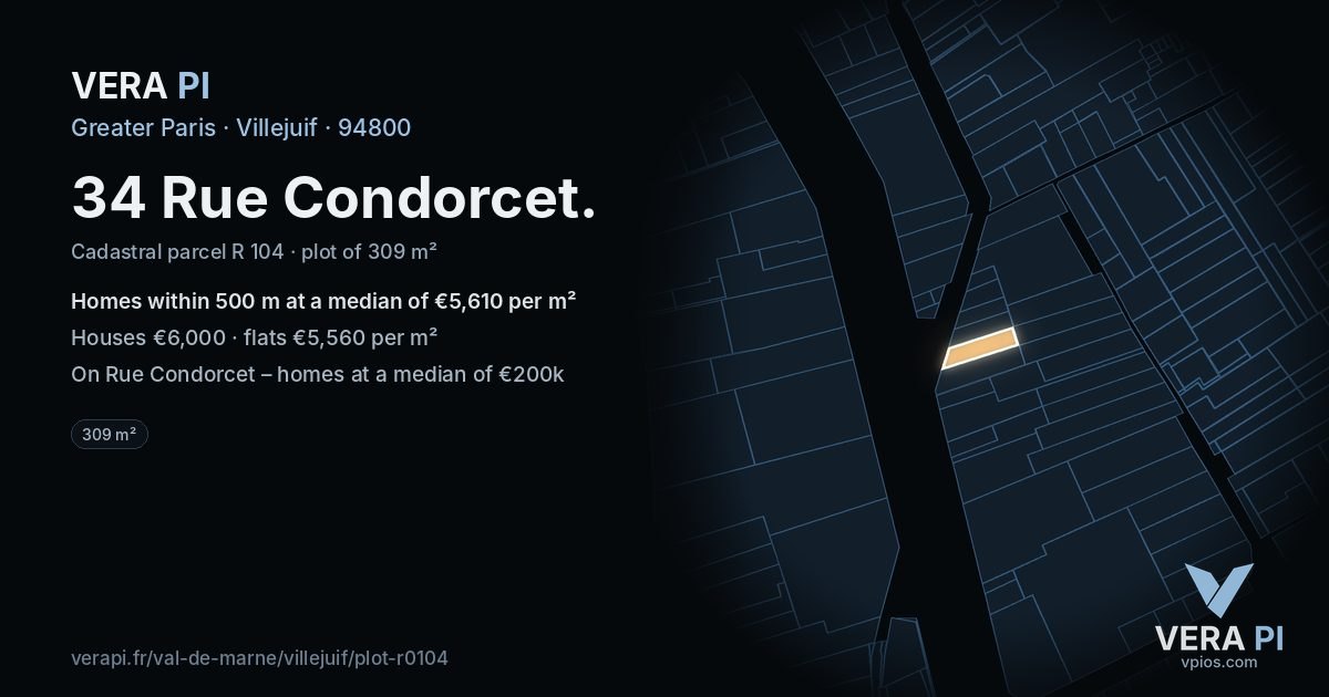 34 Rue Condorcet, Villejuif at night – the plot lit, the parcels around coloured by the prices near them