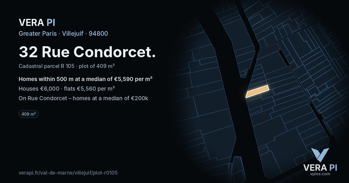 32 Rue Condorcet, Villejuif at night – the plot lit, the parcels around coloured by the prices near them