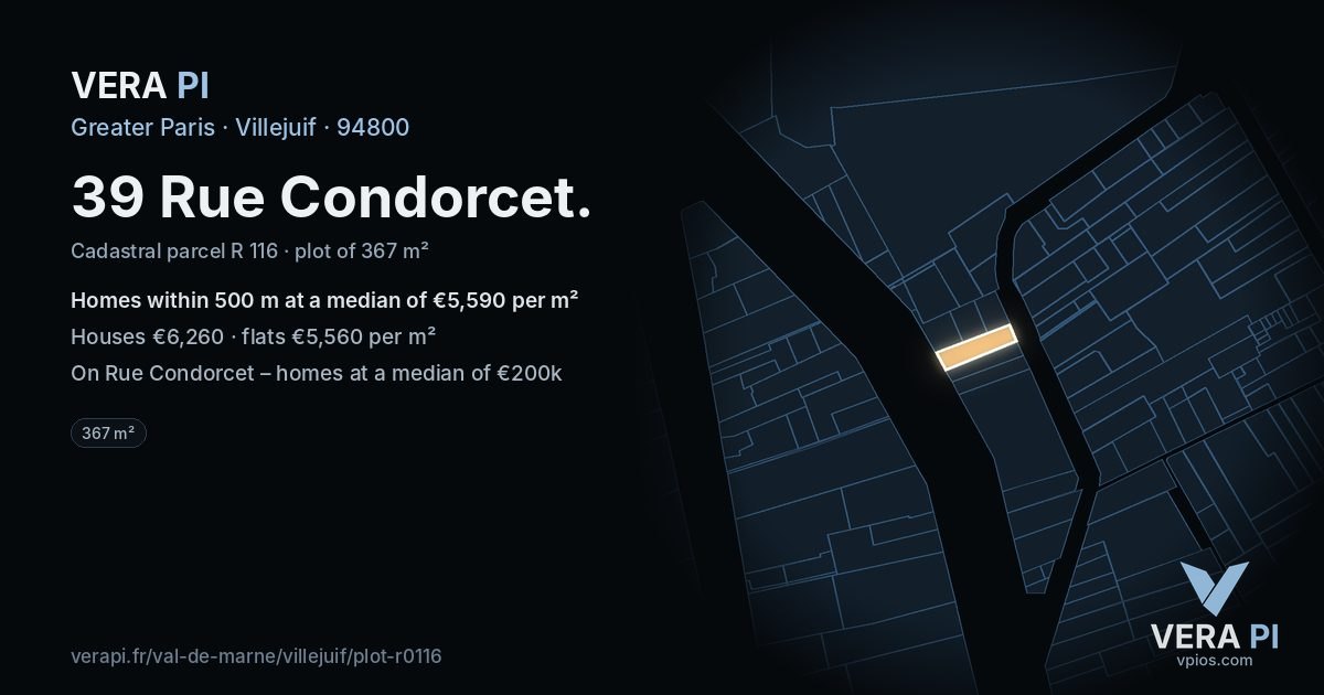 39 Rue Condorcet, Villejuif at night – the plot lit, the parcels around coloured by the prices near them