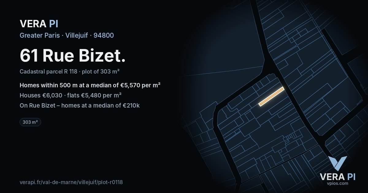 61 Rue Bizet, Villejuif at night – the plot lit, the parcels around coloured by the prices near them