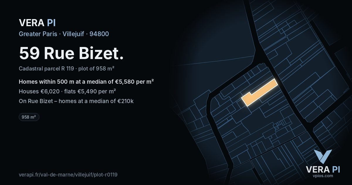 59 Rue Bizet, Villejuif at night – the plot lit, the parcels around coloured by the prices near them