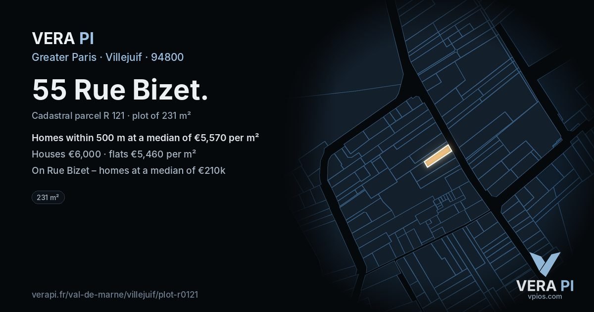 55 Rue Bizet, Villejuif at night – the plot lit, the parcels around coloured by the prices near them