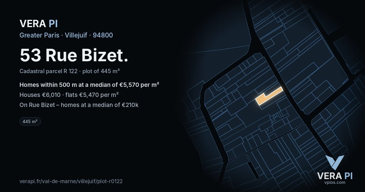 53 Rue Bizet, Villejuif at night – the plot lit, the parcels around coloured by the prices near them