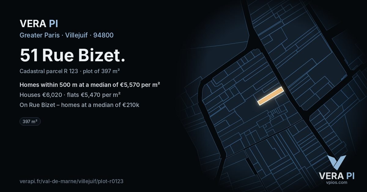 51 Rue Bizet, Villejuif at night – the plot lit, the parcels around coloured by the prices near them