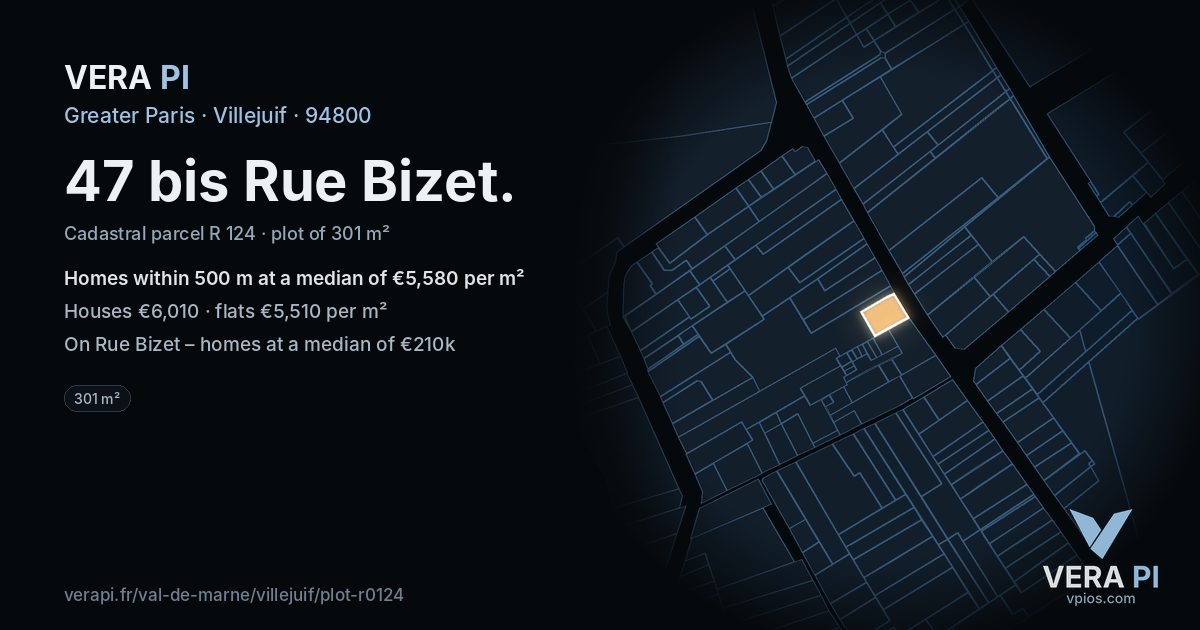 47 bis Rue Bizet, Villejuif at night – the plot lit, the parcels around coloured by the prices near them