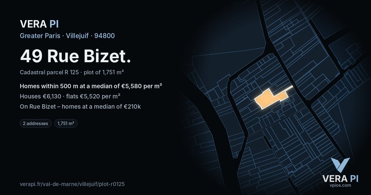 49 Rue Bizet, Villejuif at night – the plot lit, the parcels around coloured by the prices near them