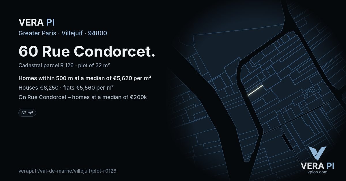60 Rue Condorcet, Villejuif at night – the plot lit, the parcels around coloured by the prices near them