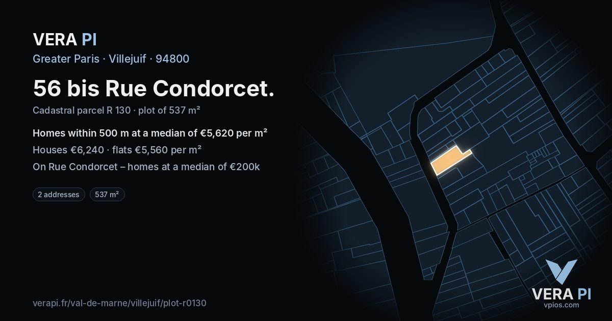 56 bis Rue Condorcet, Villejuif at night – the plot lit, the parcels around coloured by the prices near them