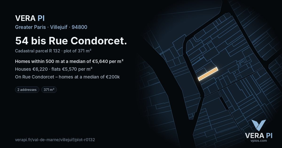 54 bis Rue Condorcet, Villejuif at night – the plot lit, the parcels around coloured by the prices near them