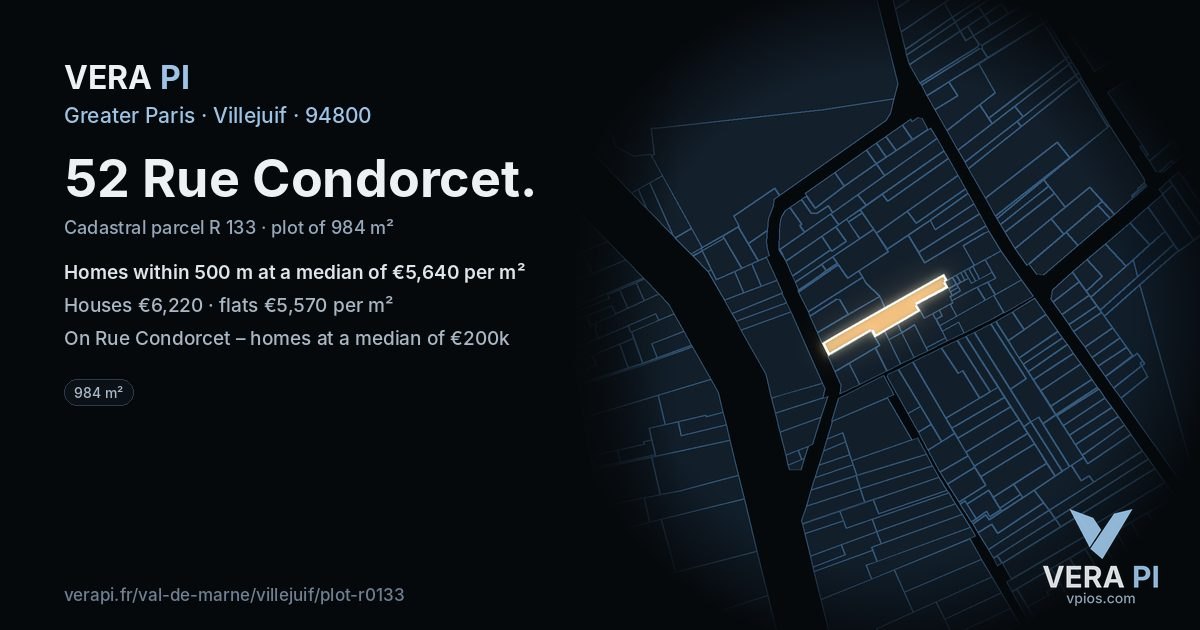 52 Rue Condorcet, Villejuif at night – the plot lit, the parcels around coloured by the prices near them