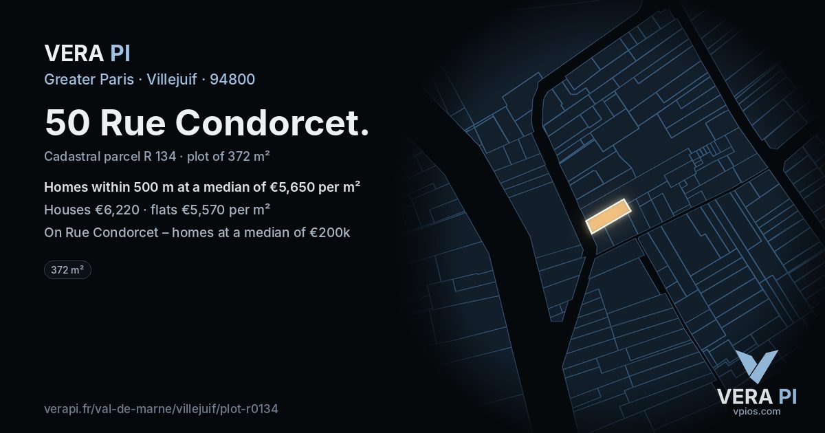 50 Rue Condorcet, Villejuif at night – the plot lit, the parcels around coloured by the prices near them