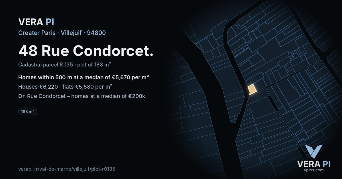 48 Rue Condorcet, Villejuif at night – the plot lit, the parcels around coloured by the prices near them
