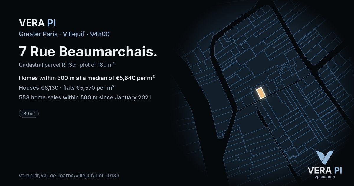 7 Rue Beaumarchais, Villejuif at night – the plot lit, the parcels around coloured by the prices near them