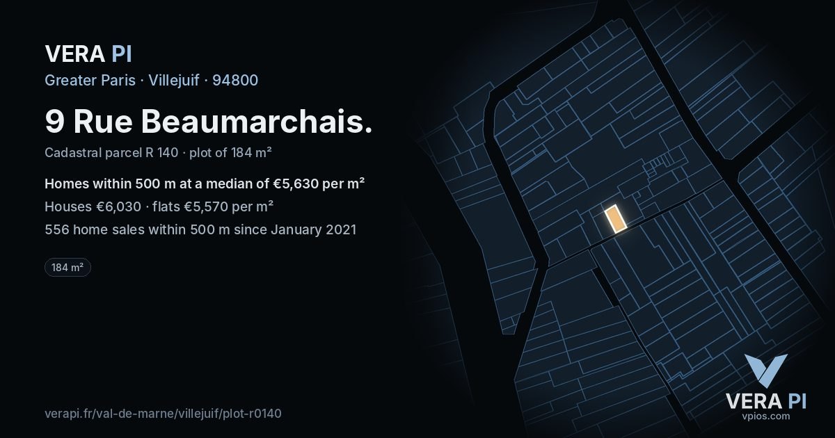 9 Rue Beaumarchais, Villejuif at night – the plot lit, the parcels around coloured by the prices near them