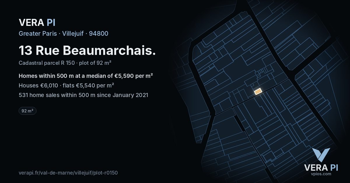 13 Rue Beaumarchais, Villejuif at night – the plot lit, the parcels around coloured by the prices near them