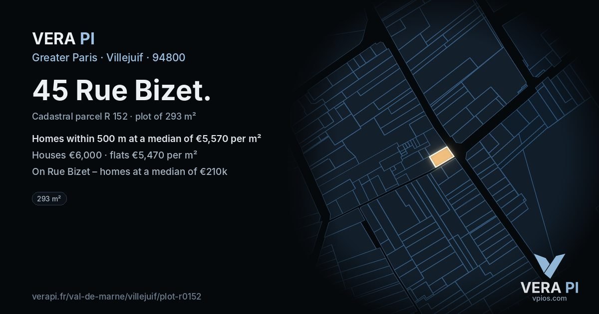 45 Rue Bizet, Villejuif at night – the plot lit, the parcels around coloured by the prices near them