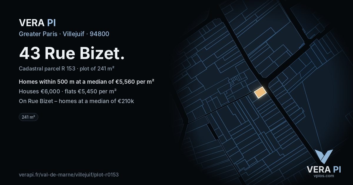 43 Rue Bizet, Villejuif at night – the plot lit, the parcels around coloured by the prices near them
