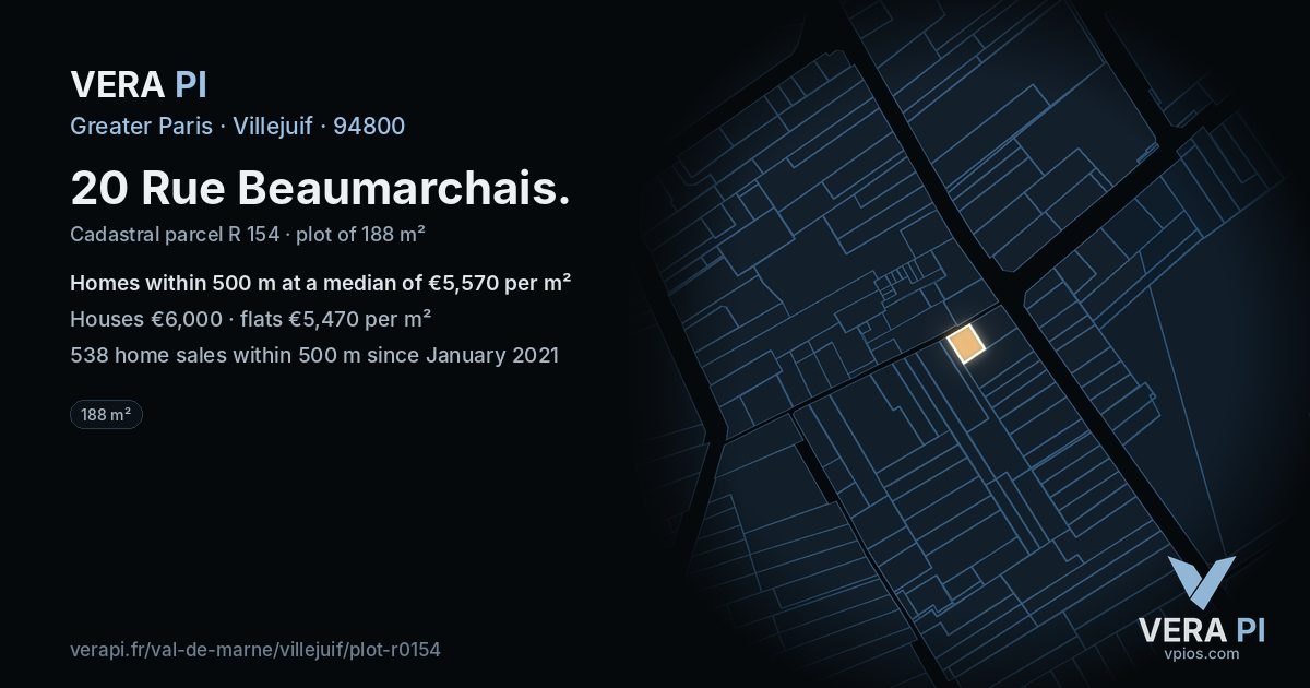 20 Rue Beaumarchais, Villejuif at night – the plot lit, the parcels around coloured by the prices near them